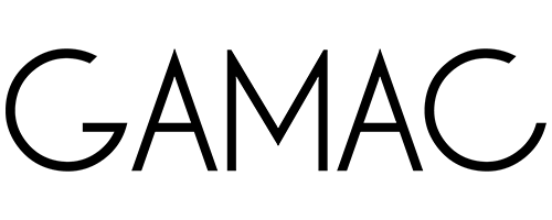 a black and white logo for gamac on a white background .