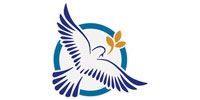 A white dove with blue wings and a golden olive branch inside a blue circle.