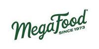 Logo for MegaFood, featuring dark green cursive text on a white background. Includes