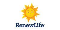 Logo for RenewLife, featuring a yellow sun with a face above the text