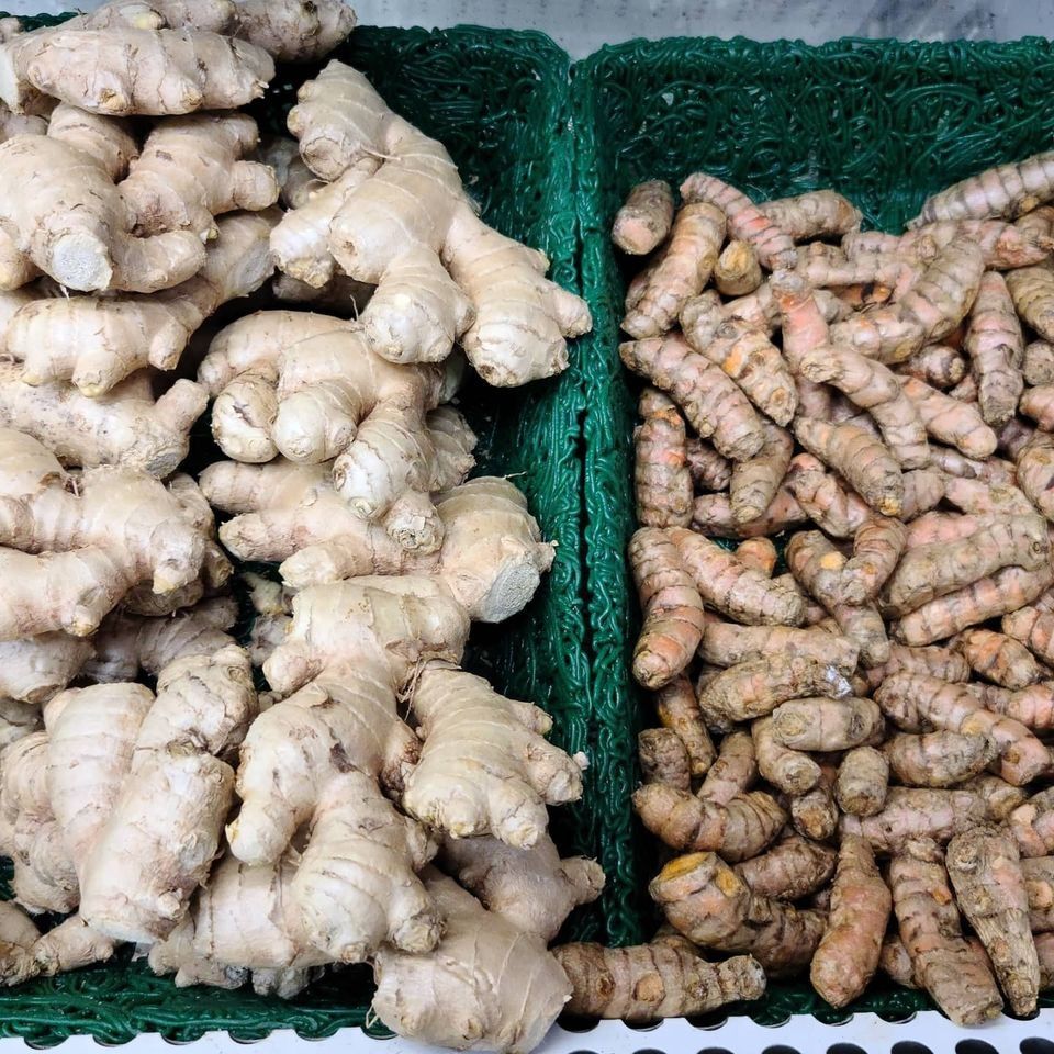 Fresh ginger and turmeric roots in green baskets.