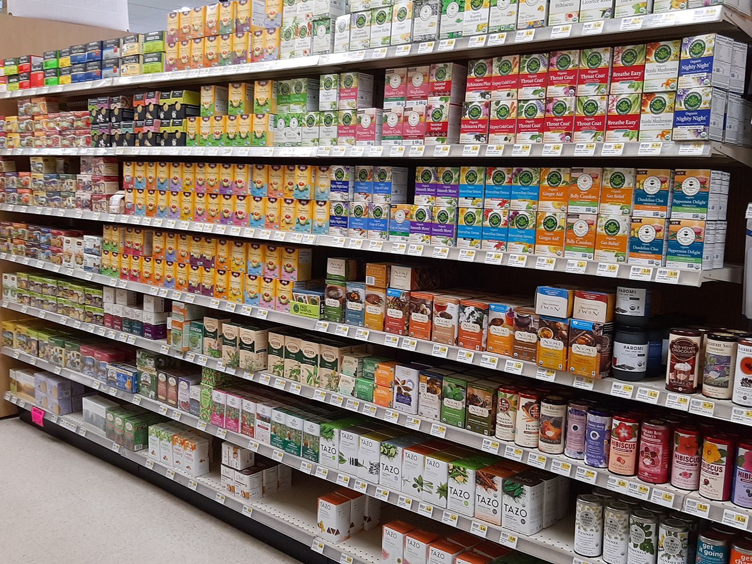 Grocery store shelves filled with various packaged food items.