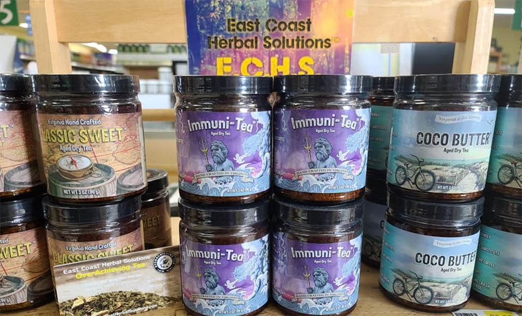 Jars of herbal products on display;