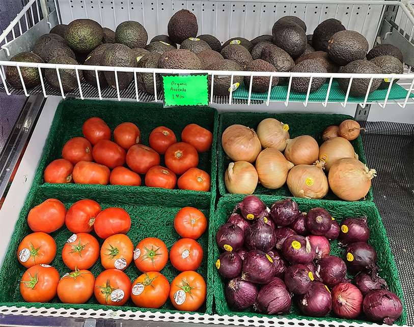 Avocados, tomatoes, onions, and potatoes on display in a refrigerated produce section.