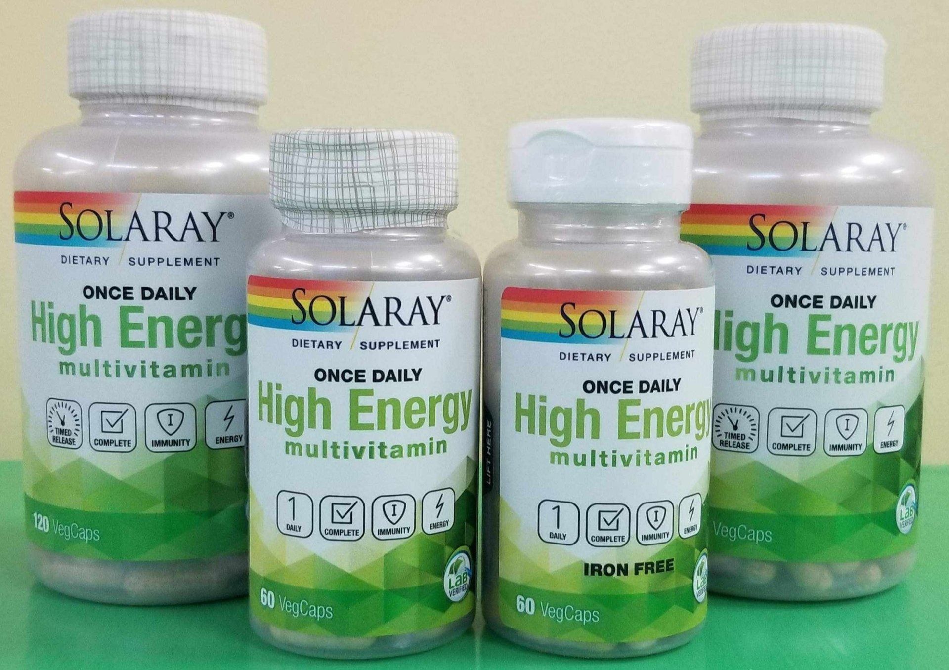 Four bottles of Solaray High Energy multivitamin; two large, two small.