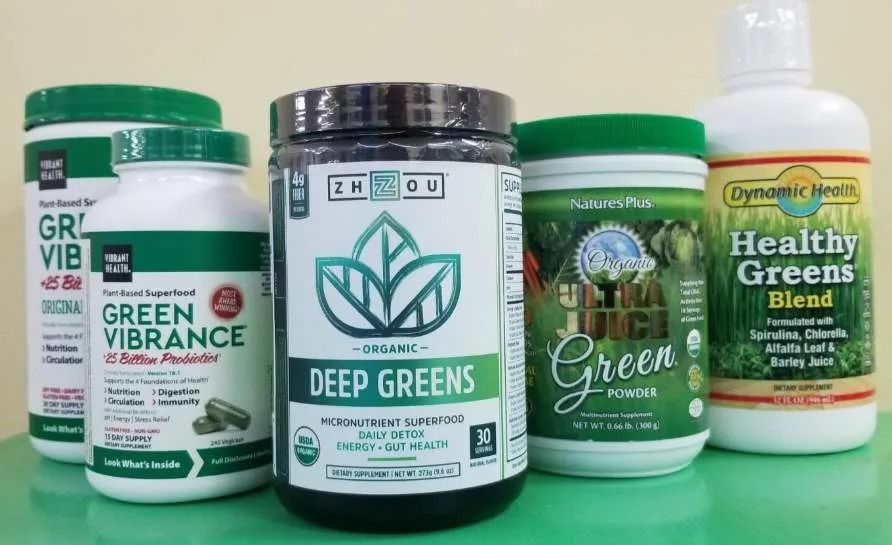 Five green supplement containers: Green Vibrance, Deep Greens, Ultra Juice Green, and Healthy Greens Blend.