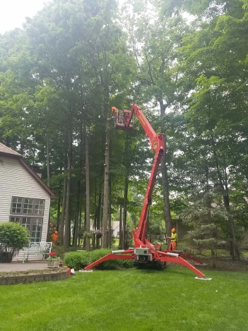 Red aerial lift with extended boom in a green backyard beside a house and trees