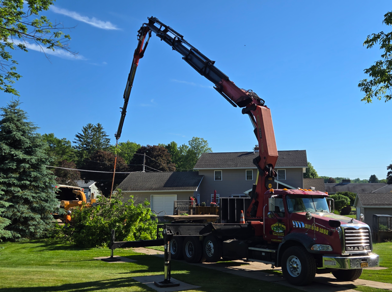 Tree service truck with crane lifting a long branch over a suburban house on a sunny day