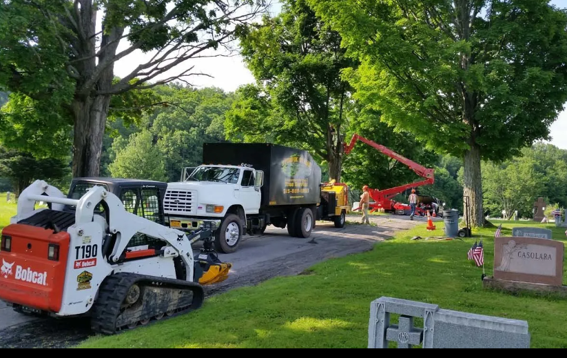 Construction vehicles on a tree-lined street, with a Bobcat loader, dump truck, and red boom lift.