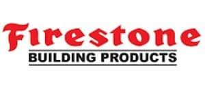 The logo for firestone building products is red and black.