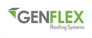The logo for genflex roofing systems is green and gray.