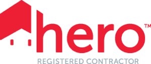 A red and white logo for a registered contractor