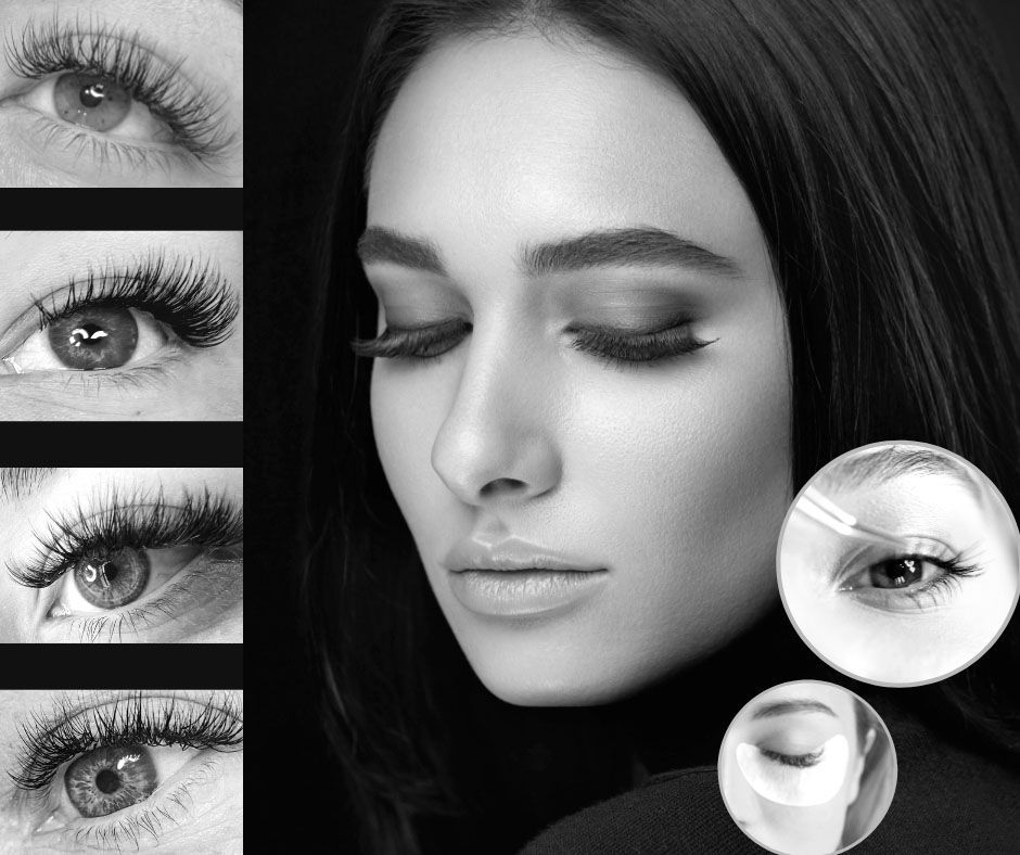 A black and white photo of a woman with different types of eyelashes