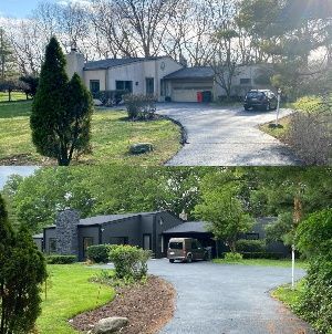 A before and after picture of a driveway leading to a house.