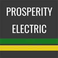 Logo for Prosperity Electric with white text on a dark gray background, featuring a green horizontal stripe over a yellow one.