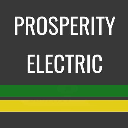 Logo for Prosperity Electric with white text on a dark gray background, featuring horizontal green and yellow stripes below.
