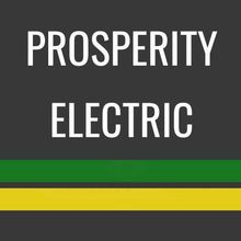 Logo for Prosperity Electric with white text on a dark gray background, featuring horizontal green and yellow stripes below.