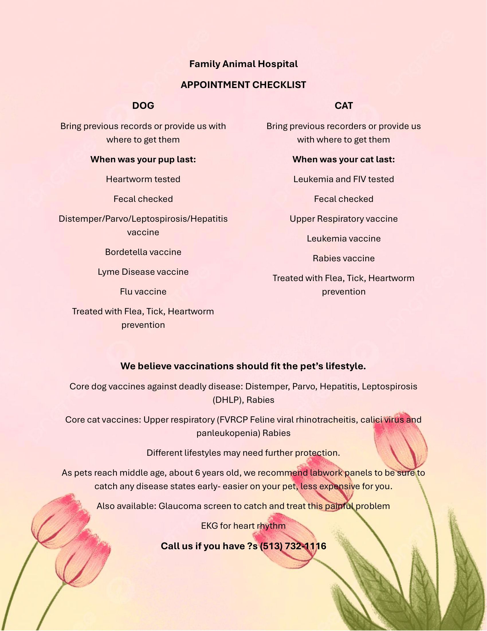 Wedding program with pink tulips at the bottom. Details include wedding party names, vows, and other information.