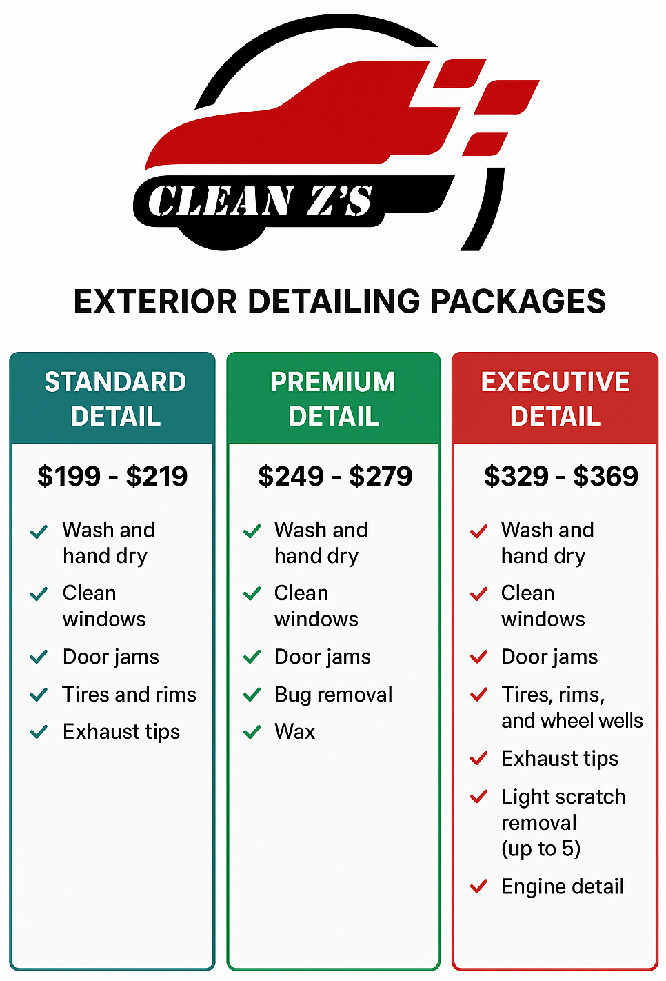 Price list for Clean Z's exterior detailing packages, including Standard, Premium, and Executive detail options.