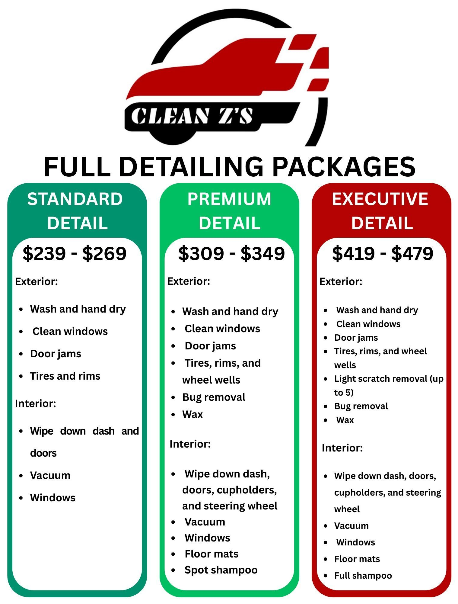 Flyer with car detailing packages: Standard, Premium, and Executive, listing services and prices.