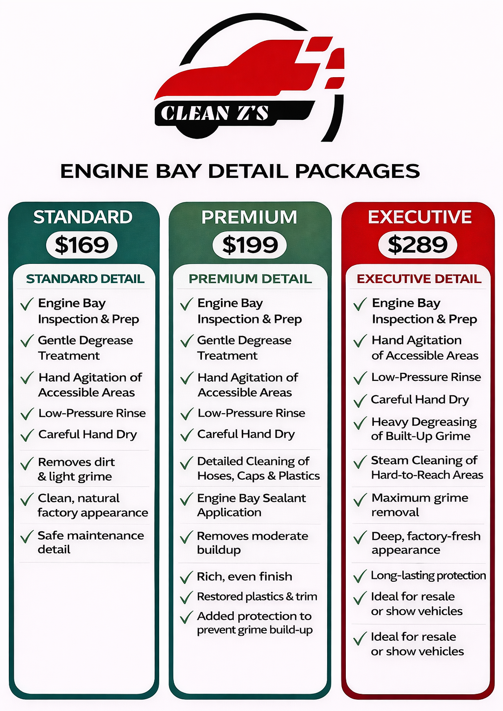 Clean Z's engine bay detail packages: standard ($169), premium ($199), executive ($289).