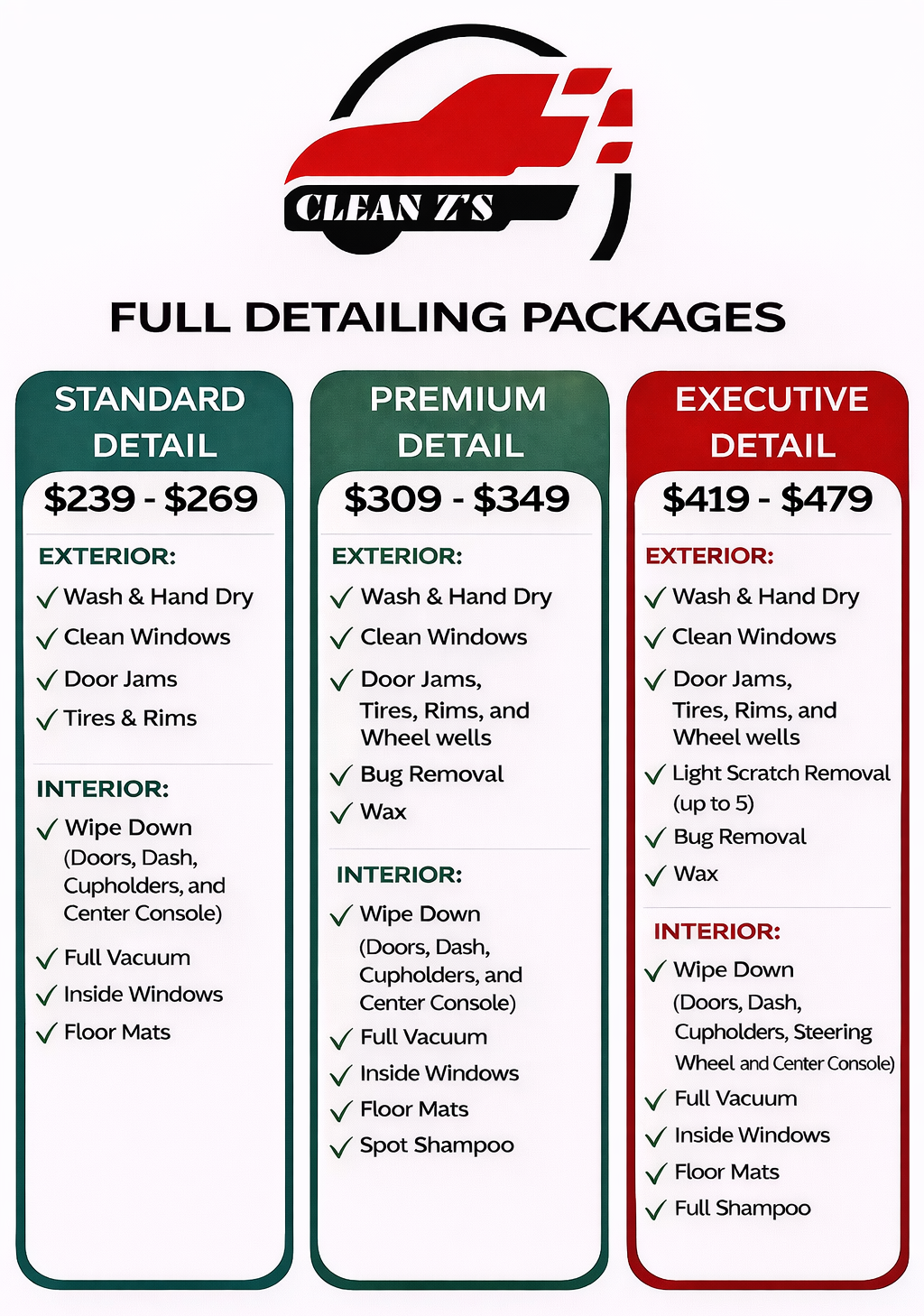 Price list for car detailing packages: Standard, Premium, and Executive, with service descriptions.