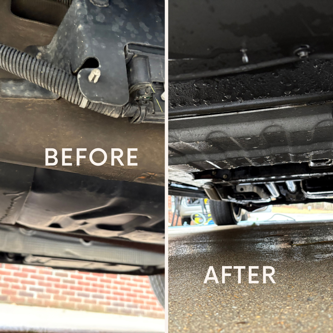 Comparison: Car undercarriage before and after cleaning. Dark, dirty vs. clean, black surface.