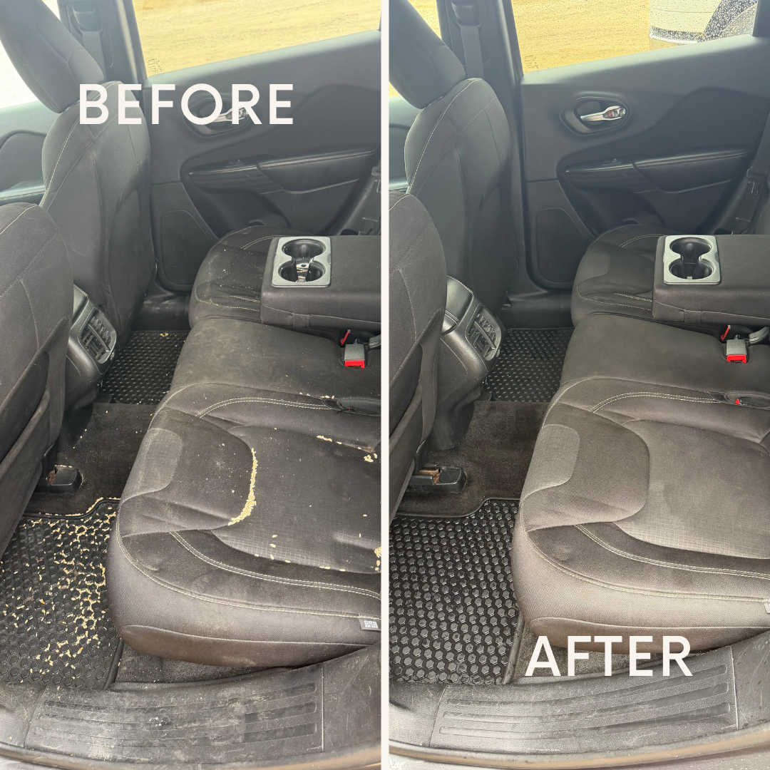 Before-and-after car back seat cleaning, showing a dirty black seat transformed to a cleaner one.