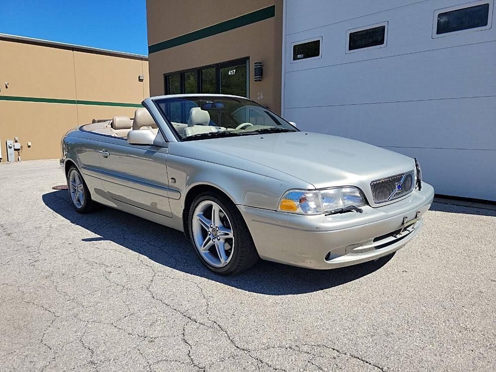Silver Volvo C70 convertible parked in front of a building on a sunny day.