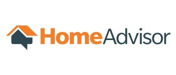 HomeAdvisor logo: orange house icon with dark blue speech bubble, orange text HomeAdvisor.