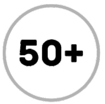 A black and white circle with the number 50+ inside of it.
