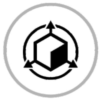 A black and white icon of a cube in a circle with three arrows around it.
