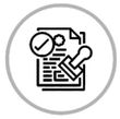 A black and white icon of a document with a stamp and a check mark.
