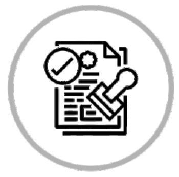 A black and white icon of a document with a stamp and a check mark.