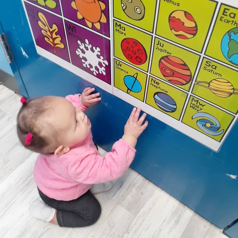 A baby in a pink shirt is looking at a wall with pictures of planets