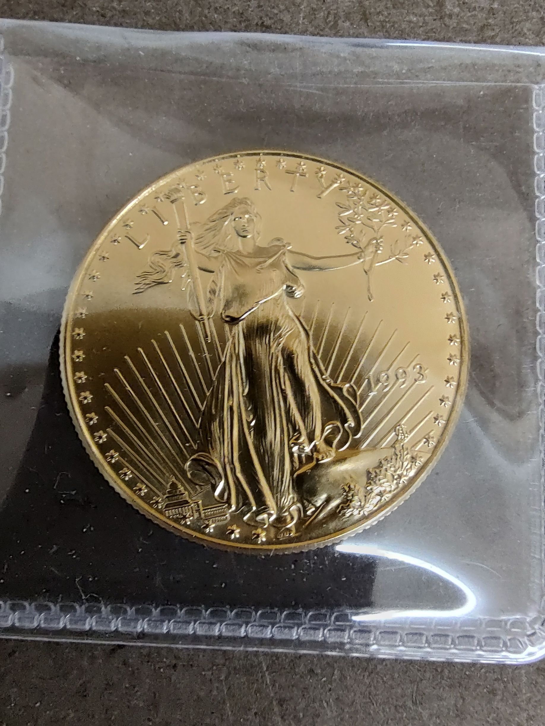 Gold coin depicting Lady Liberty in plastic sleeve; dated 1993.