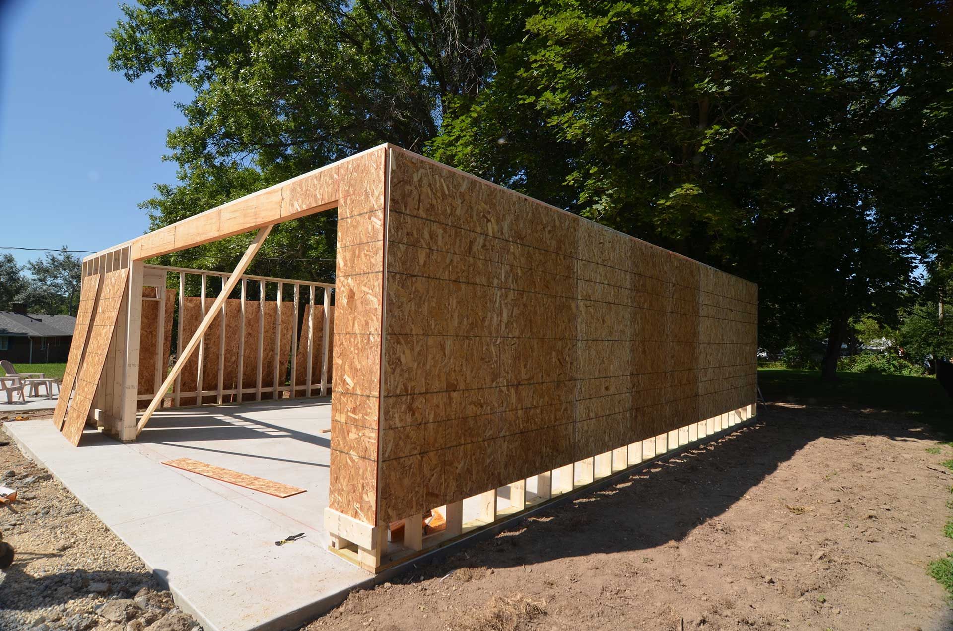 Side view of garage with OSB walls