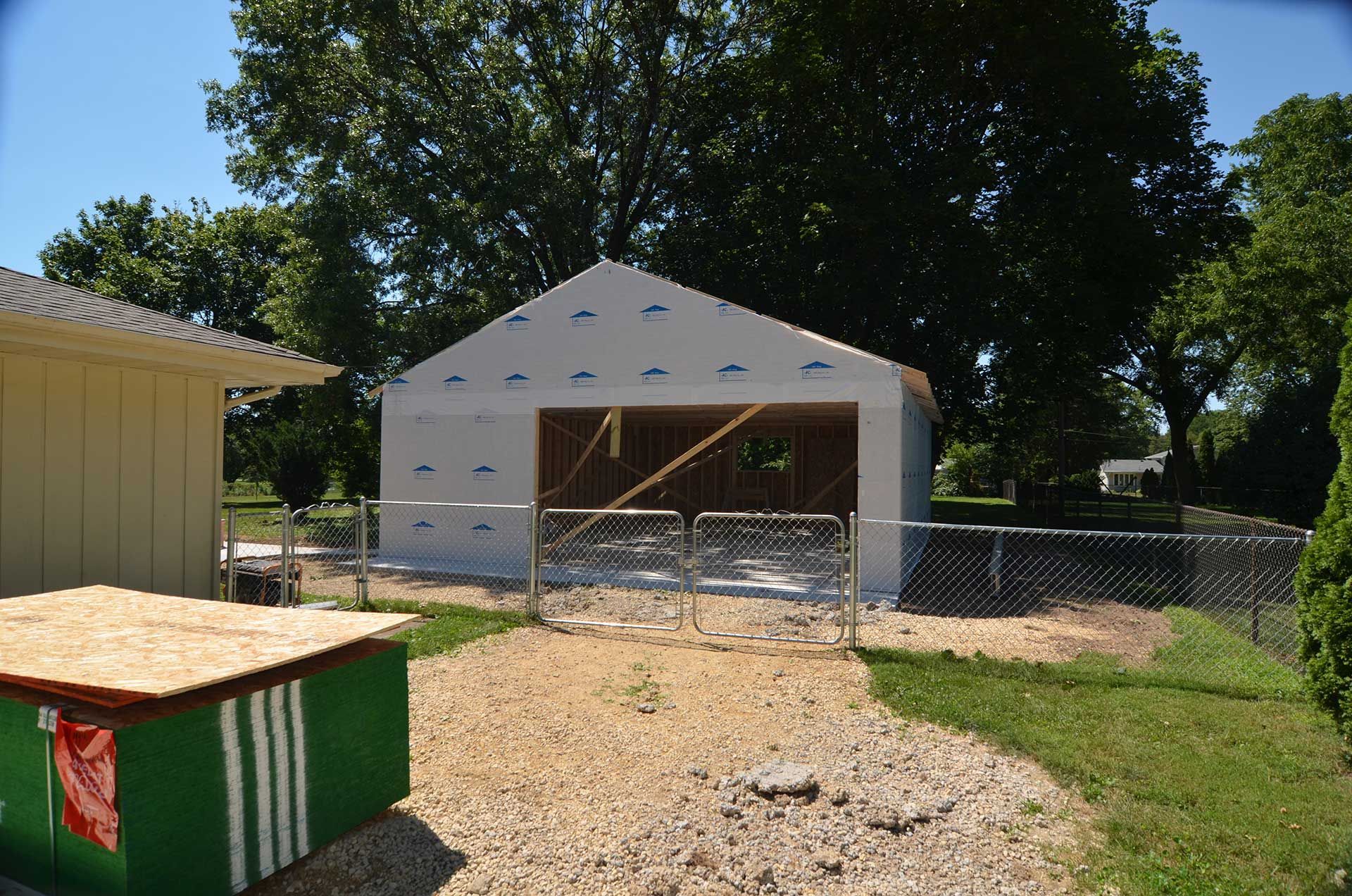 New garage covered in house wrap