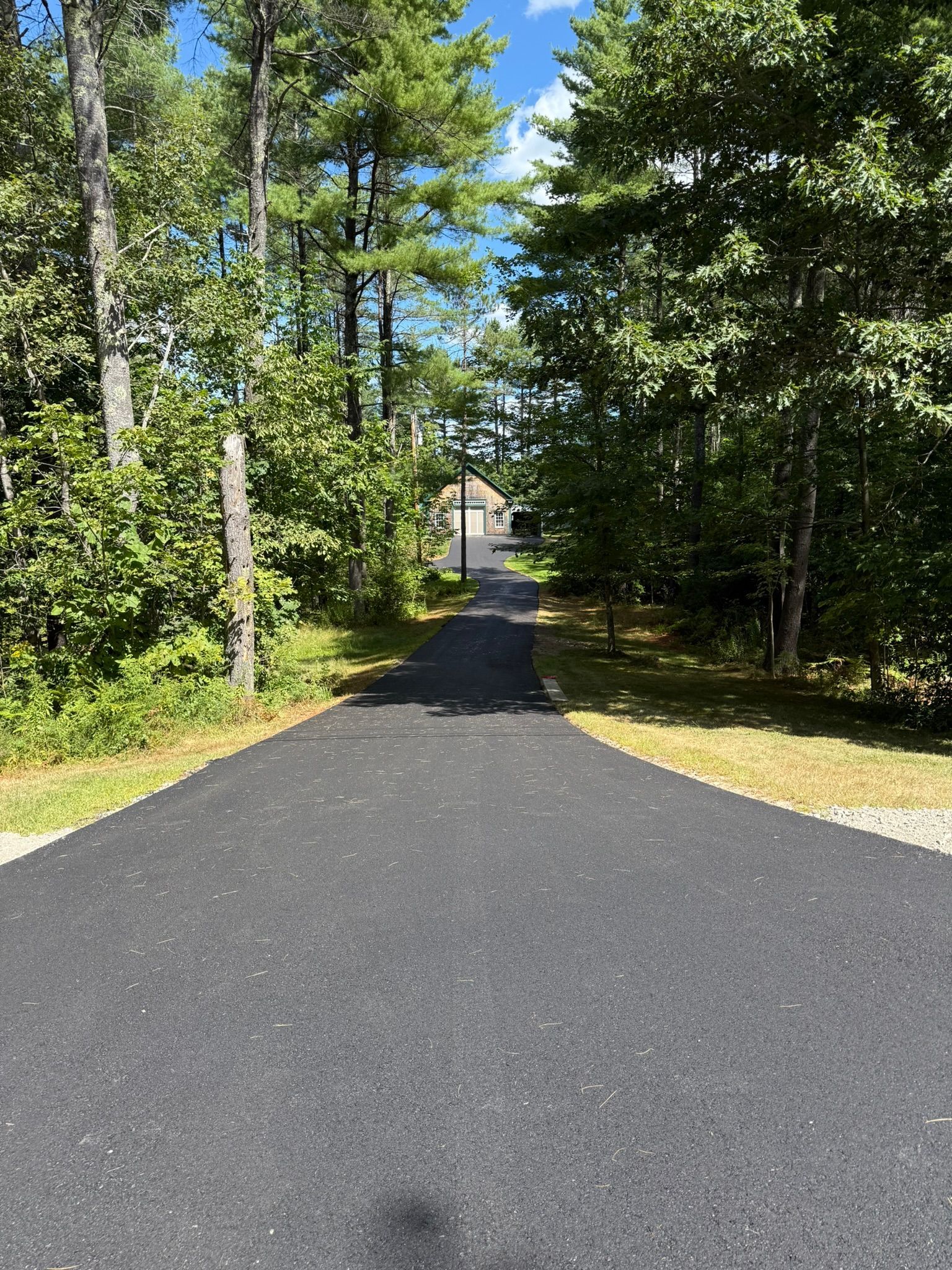 A paved driveway stretches through a lush, green wooded area toward a house in the distance under a sunny blue sky.