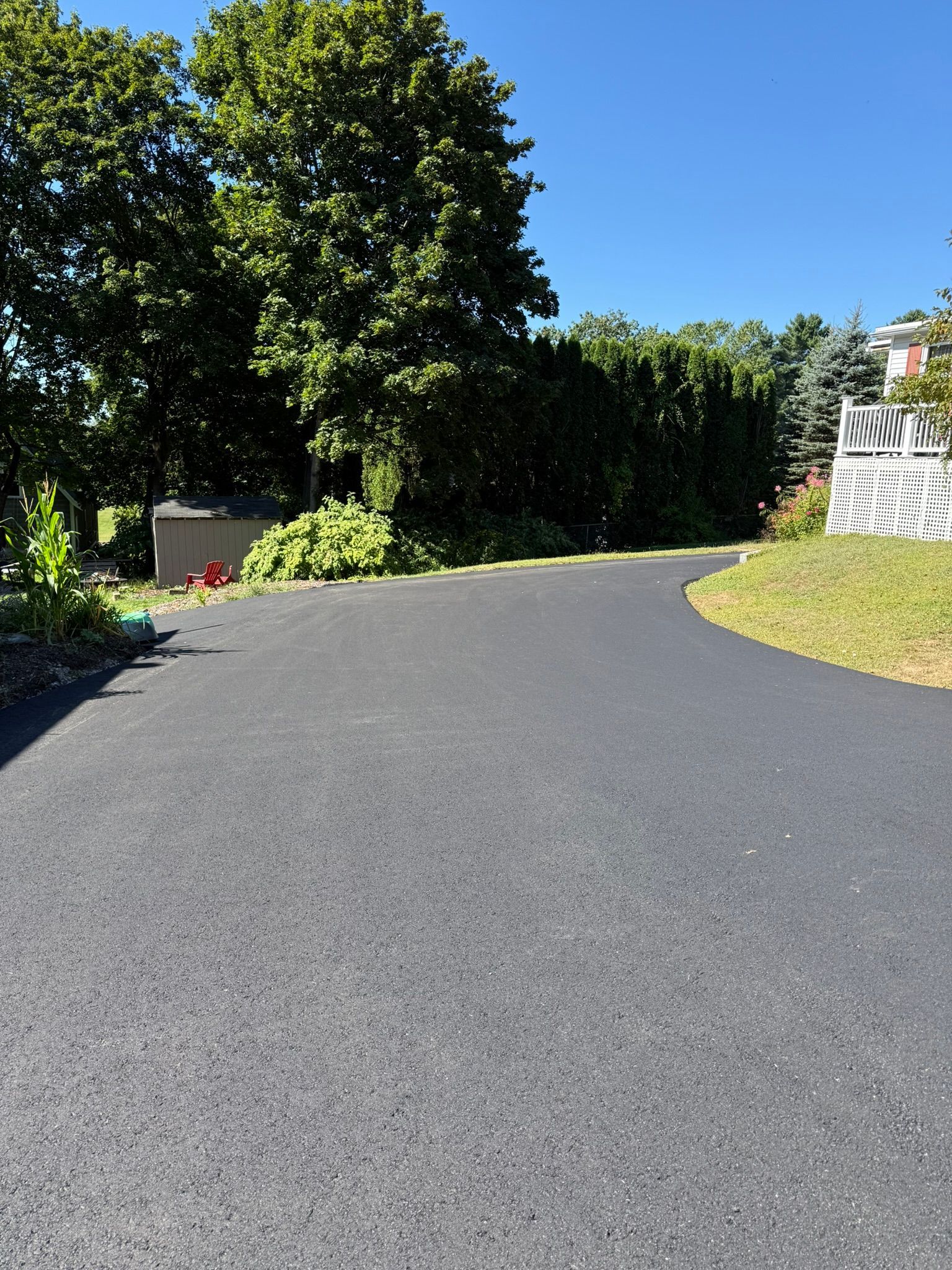 A paved driveway curves past a large tree and a shed toward a white fence on a sunny day.
