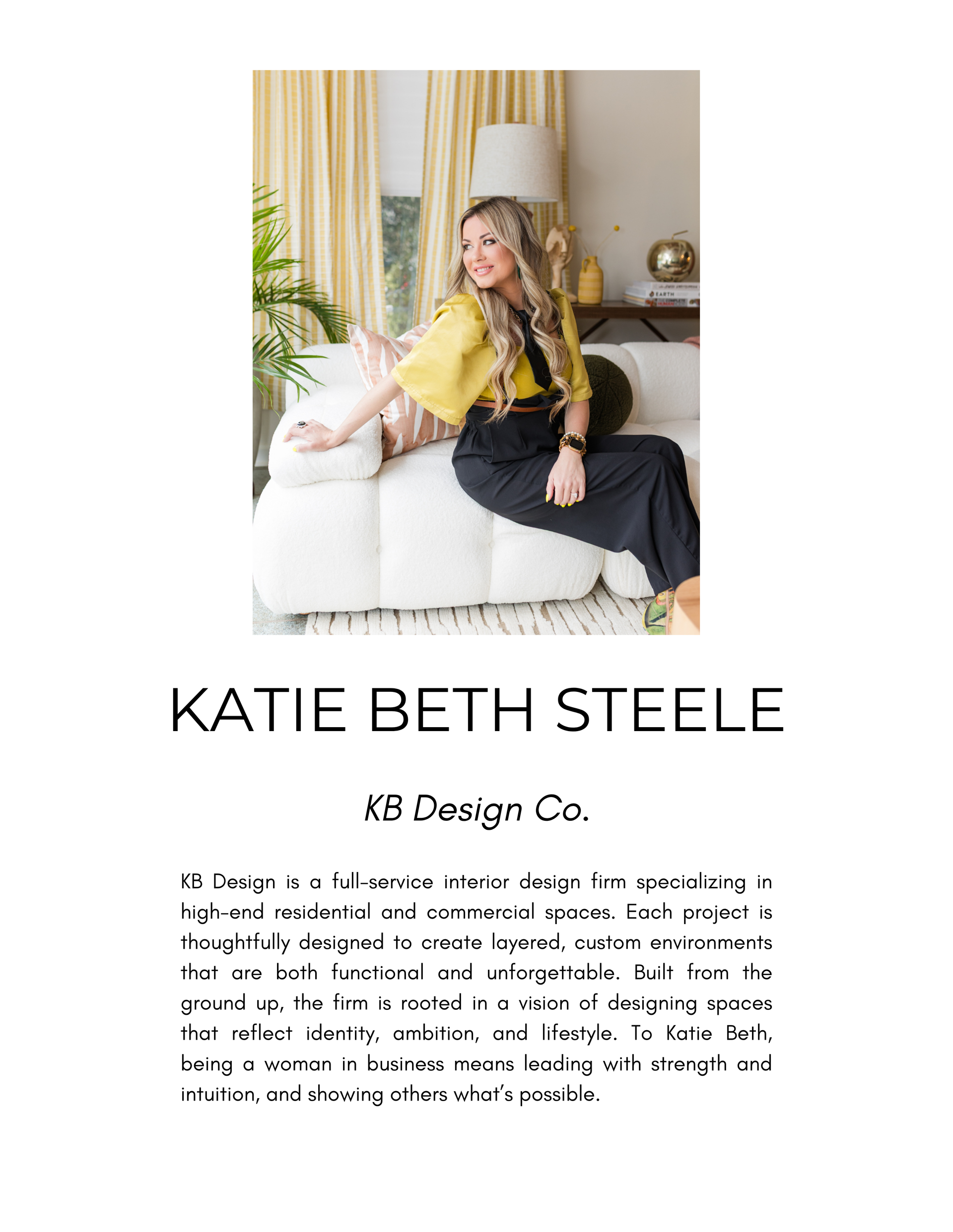 Woman in yellow top seated on white sofa beside text reading “KATIE BETH STEELE”