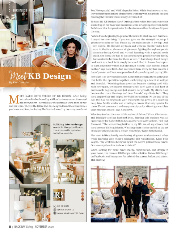 A magazine article about a woman named kb design.