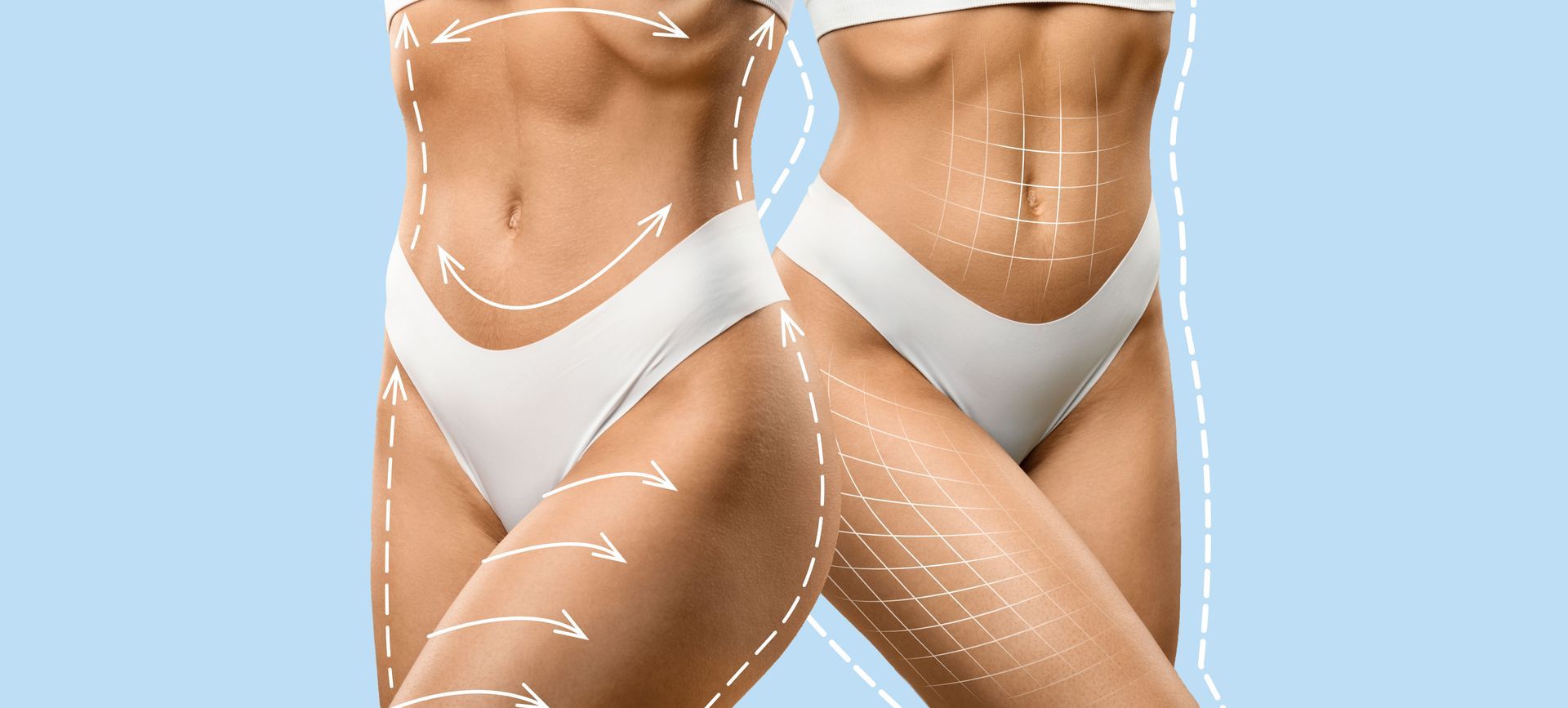 Torso and thigh sections of two figures with white directional arrows and dashed lines indicating body contouring.