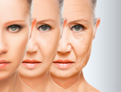 A woman 's face is shown in three different stages of aging.