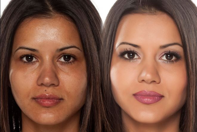 A before and after photo of a woman 's face with and without makeup.
