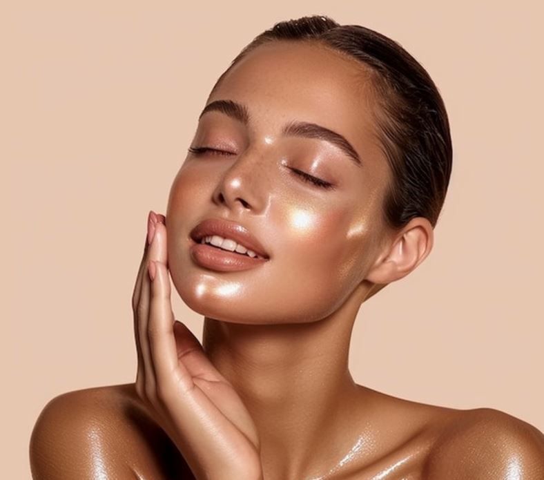 A close up of a woman 's face with her eyes closed and her hand on her face.