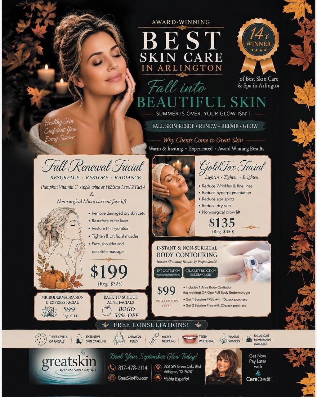 Beauty salon spa flyer with beige text blocks, floral accents, and a woman’s portrait on black background