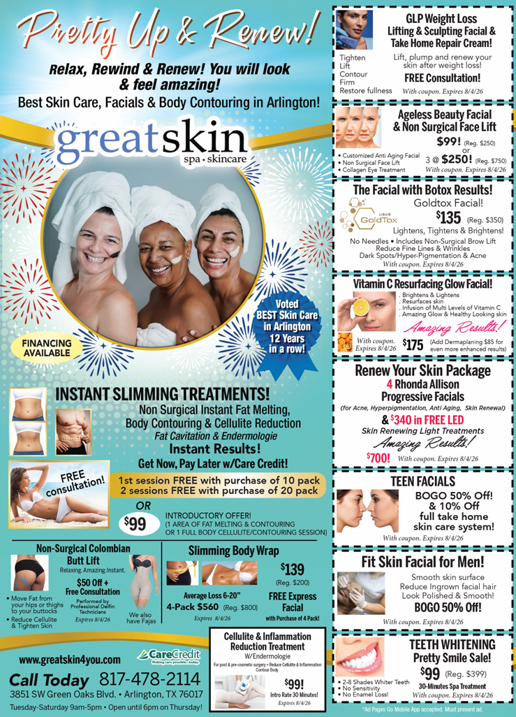 Spa flyer for Great Skin featuring smiling women, blue background, and treatment offers