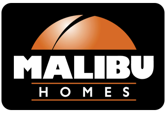 Malibu Homes logo: Orange stylized roof over white text "MALIBU HOMES" on black background.