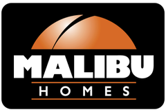 Malibu Homes logo: Orange stylized roof over white text "MALIBU HOMES" on black background.